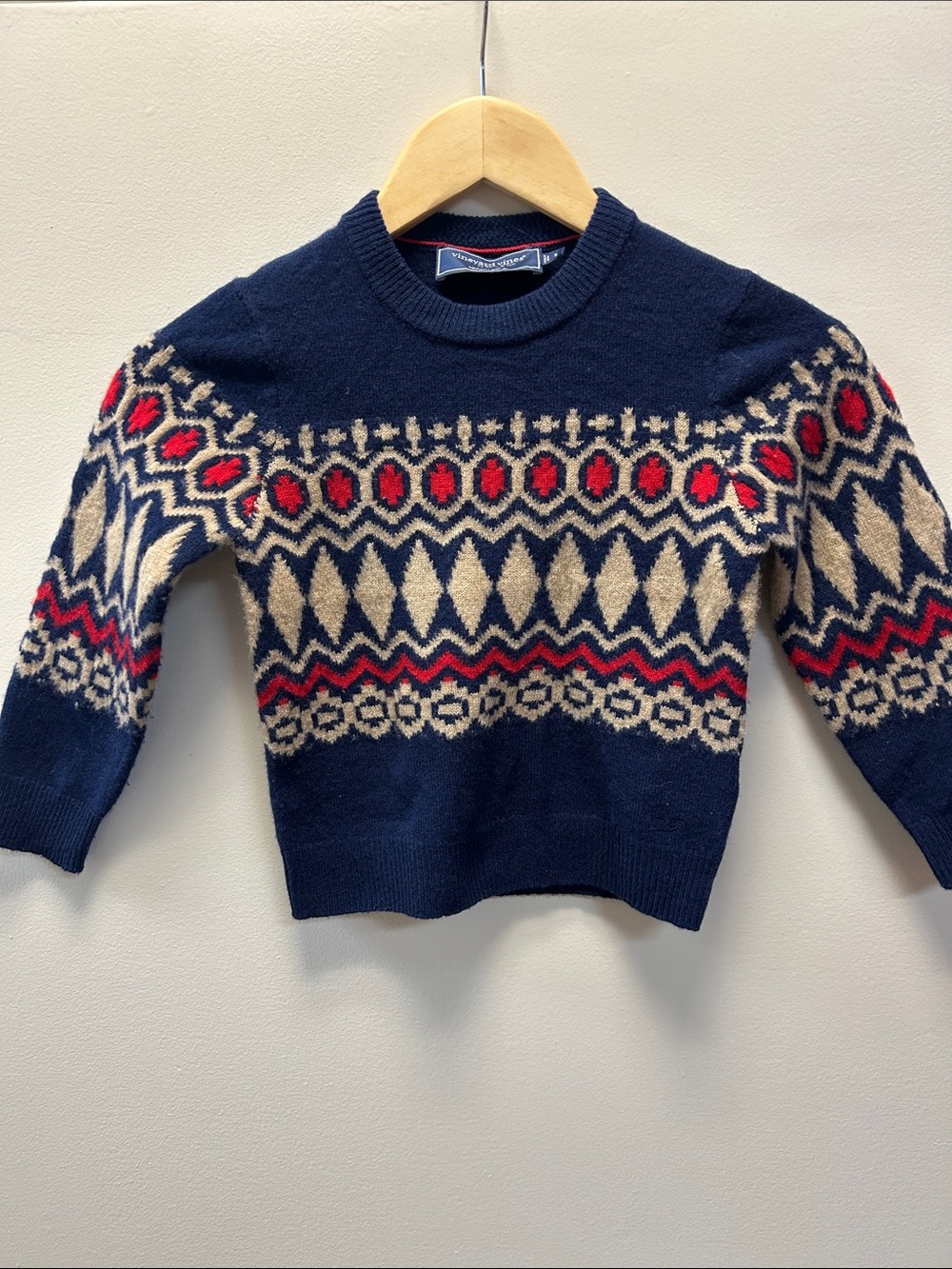 Vineyard Vines Boys Navy Fair Isle Crewneck Sweater with Red & Cream Pattern